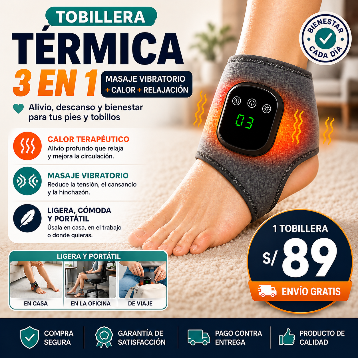 Tobillera Térmica 3 en 1 – Masaje Vibratorio + Calor + Relajación